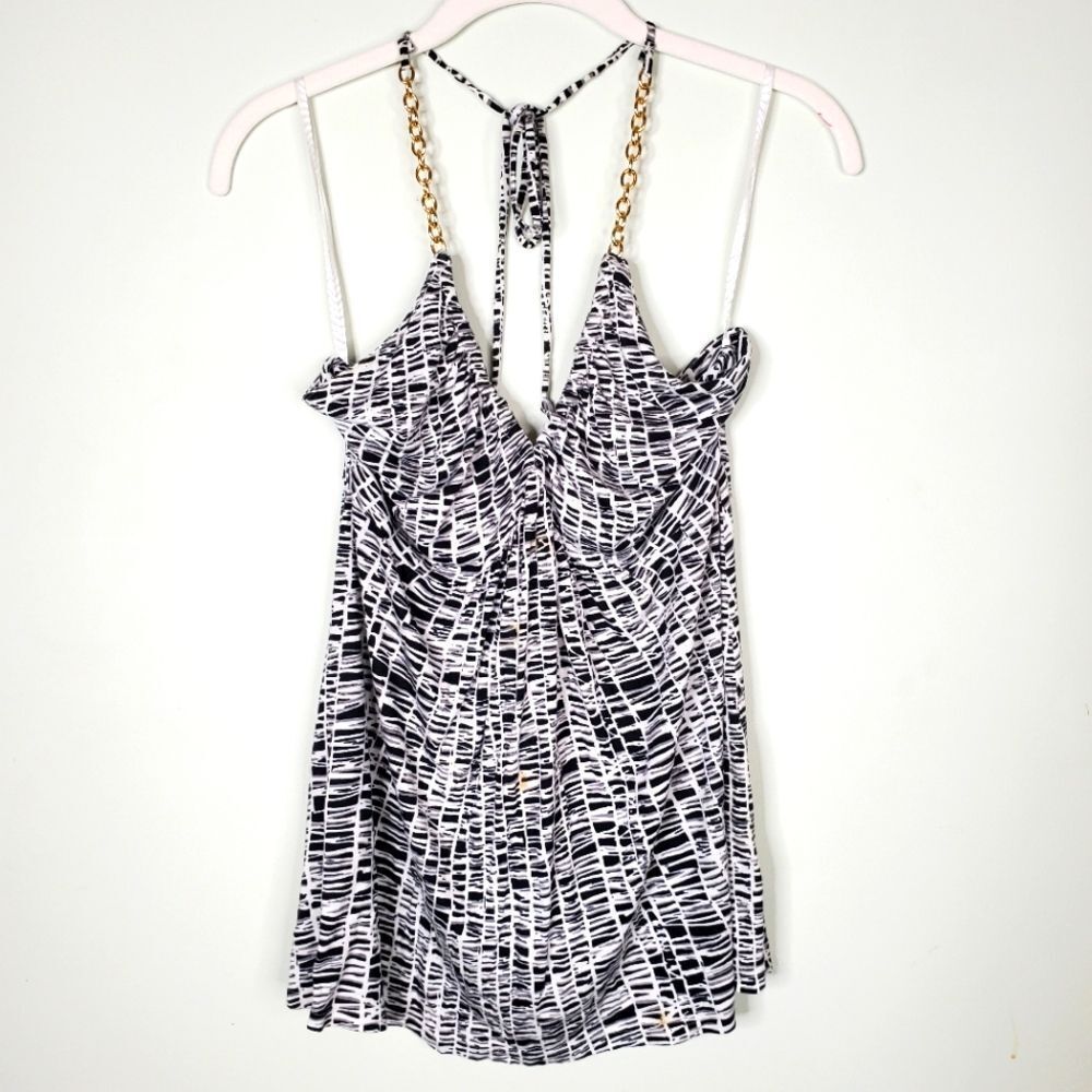 Express Vintage Y2K 2007 Black and White Gold Chain Halter‎ Top Size Small